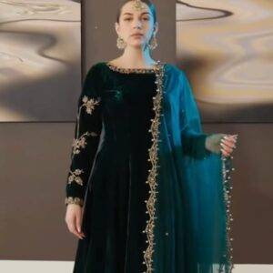 Valvet Embroidered Frock With Pure Dupatta