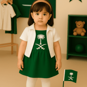 Saudi National Day Kids Dress 2025 – Green & White Girls Frock | Jashn-e-Azaadi Outfit (Copy)
